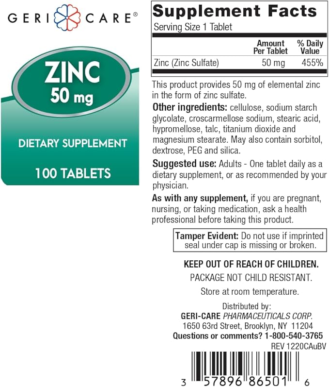 Zinc Sulfate Tablets 50mg by Geri-Care | Dietary Supplement | 100 Count Bottle, 2-Pack