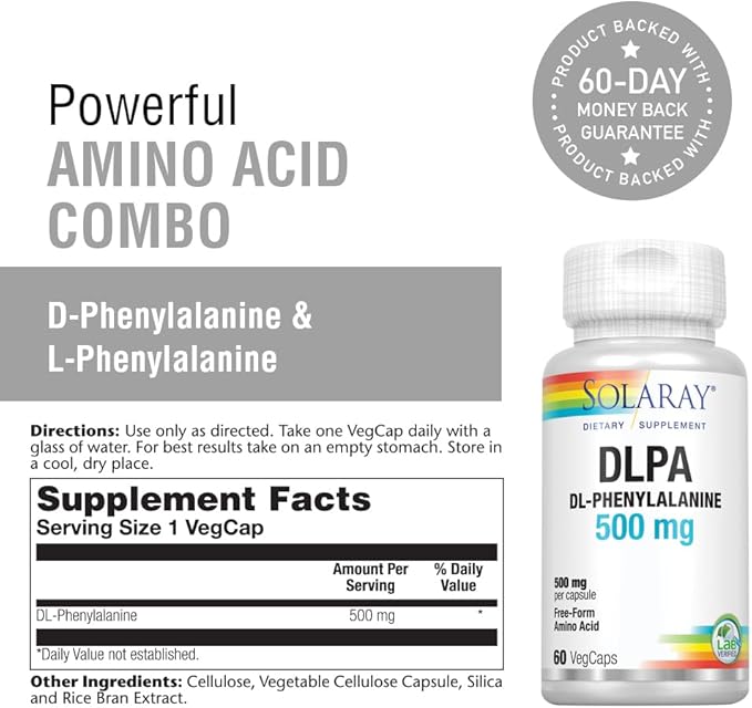 SOLARAY DL-Phenylalanine, 500mg | 50-50 Blend of Essential Amino Acids for Nervous System, Mood & Energy Support | 60 VegCaps