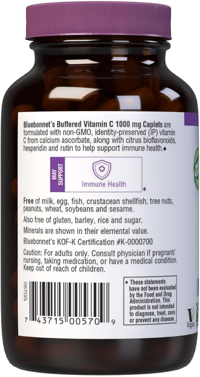 BlueBonnet Nutrition Buffered Vitamin C1000 mg Vegetable Capsules Buffered Calcium Ascorbate for Immune Health Soy Free Gluten Free NonGMO Kosher Dairy Free Vegan Vegetable Capsules, Citrus, 90 Count