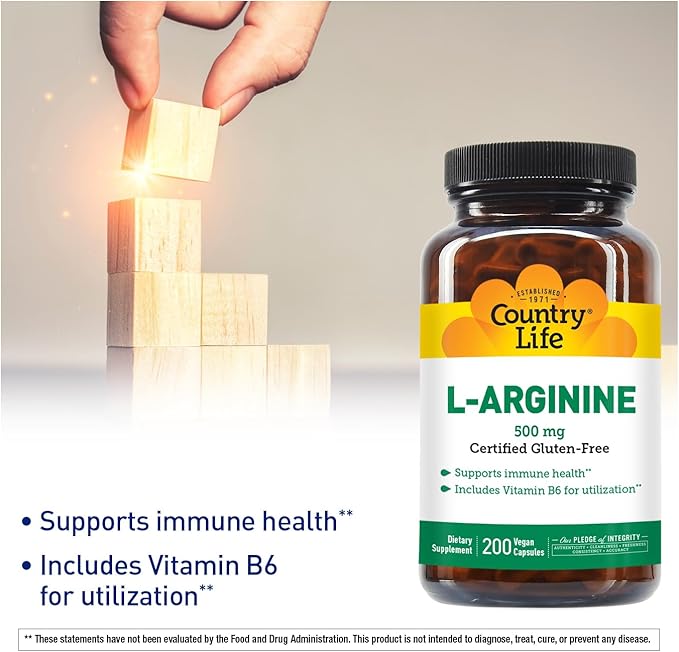 Country Life L-Arginine Caps with Vitamin B-6, 500mg, 200 Vegan Capsules, Certified Gluten Free, Certified Vegan