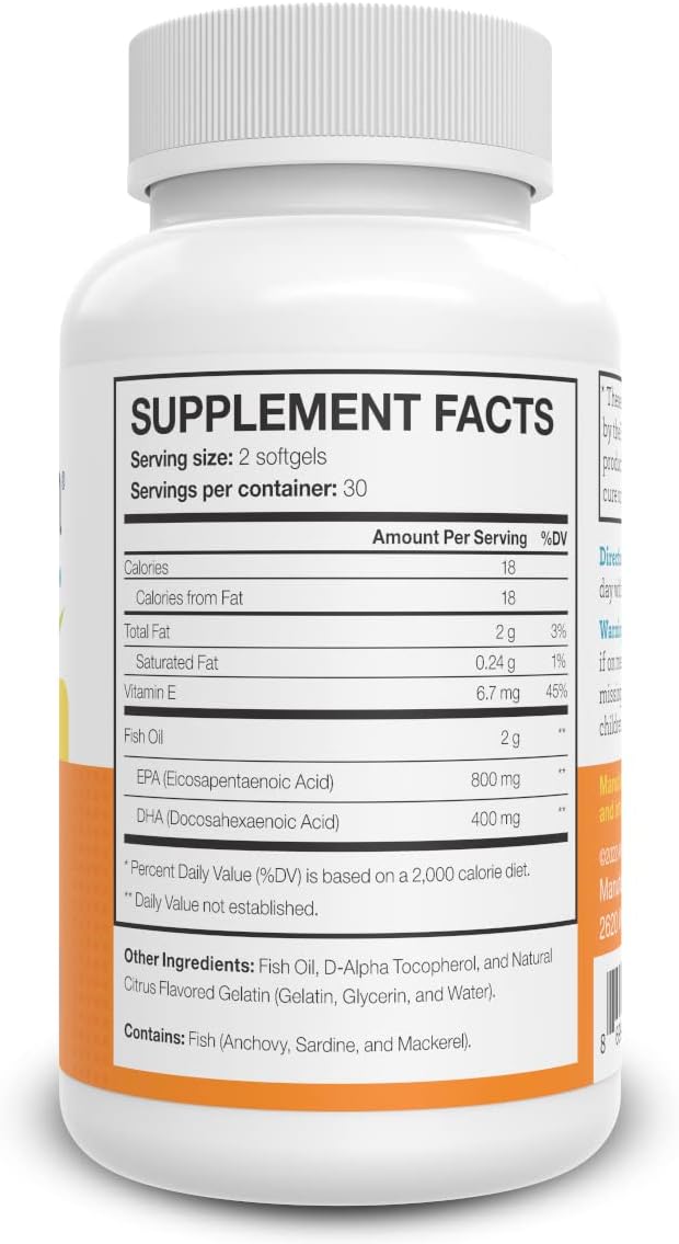 Omega 3 Fish Oil Supplement - 60 Soft Gels - 1200 mg Omega-3 - with EPA and DHA - 30 Servings