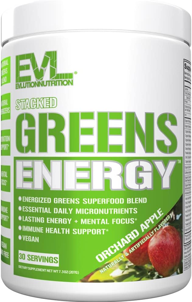 Evlution Greens and Superfoods Energy Drink Powder - EVL Super Greens Powder Smoothie Mix with Caffeine Spirulina Chlorella and Wheat Grass - Vegan - for Energy Focus and Immunity