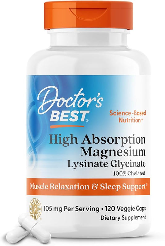 Doctor's Best High Absorption Magnesium Lysinate Glycinate Capsule, Easy to Swallow, 120 Ct