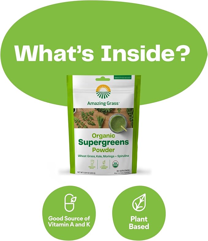 Amazing Grass Super Greens Booster: Greens Powder Smoothie Mix with Spirulina, Moringa, Wheat Grass & Kale Smoothie Booster, Chlorophyll Providing Greens, 30 Servings