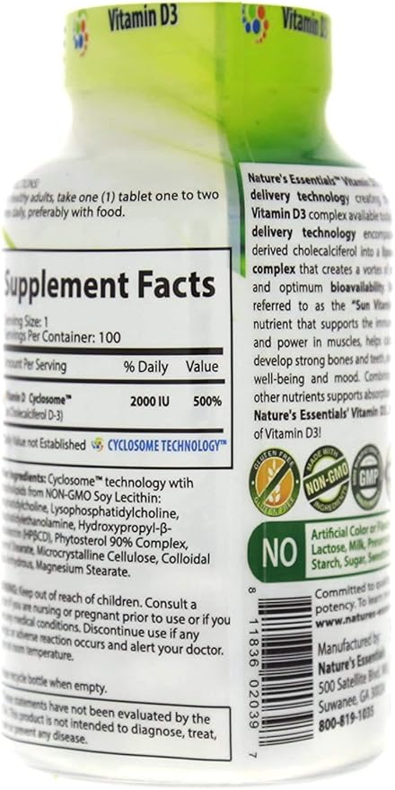 NATURE'S ESSENTIALS Vitamin D3 2000IU | Immune Support | Advanced Cyclosome Liposomal Delivery | Non-GMO, Gluten Free, Vegetarian | 100 Tablets