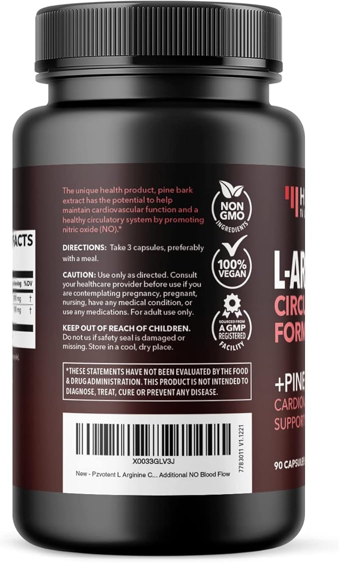 L-Arginine 1800mg and Pine Bark Extract 100mg - Nitric Oxide Supplement for Men - Performance Supplement for Men's Health - 90 Count - Endurance, Recovery Support - Vegan, Non-GMO Capsules