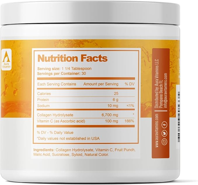 AV Orange Hydrolyzed Grass Fed Collagen with Vitamin C | Powder Supplement | Non-GMO Verified – 198gr