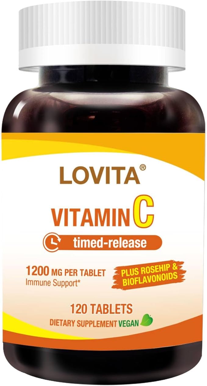 Lovita Vitamin C 1000mg with Citrus Bioflavonoids & Rosehip, Timed Release Coating, High Potency 3-in-1 Formula, Immune Support, 120 Vegan Tablets