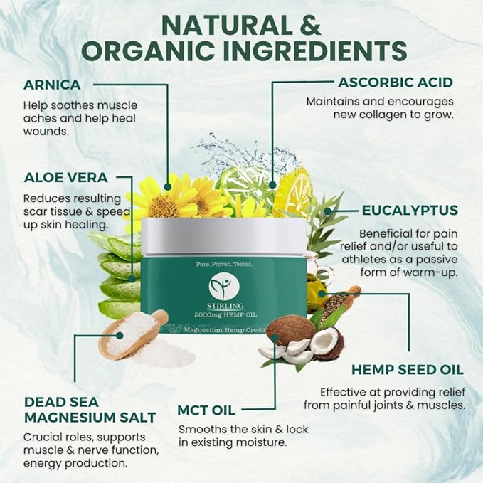 STIRLING Magnesium Cream - 2000mg Hemp Oil + Magnesium & Arnica - Promotes Relief for Joint and Muscle Discomfort, Back Support, and More - Made in USA with Premium Ingredients