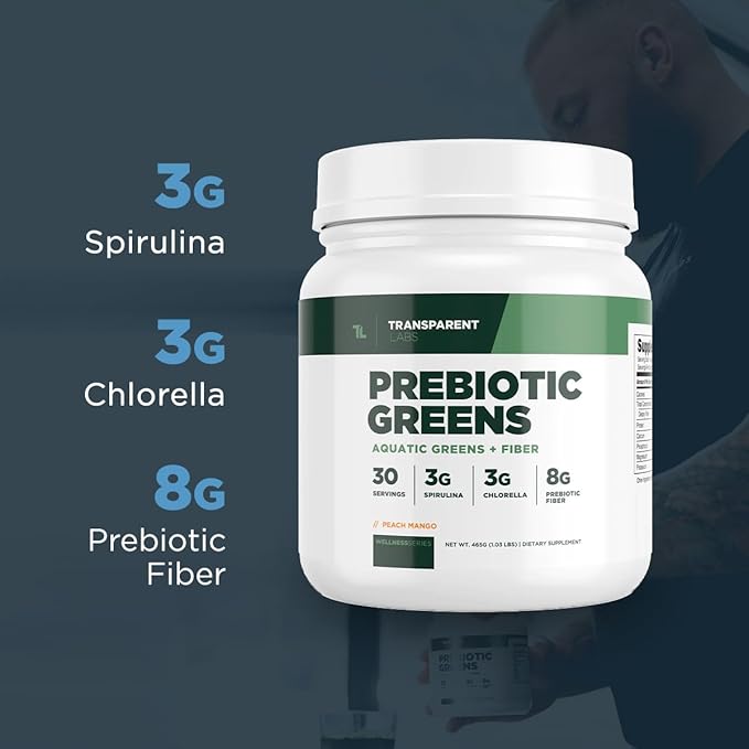 Transparent Labs Prebiotic Greens - Superfood Powder & Antioxidants Supplement with Organic Spirulina, Chloerra, Acacia, & Green Banana Powder - 30 Servings, Peach Mango