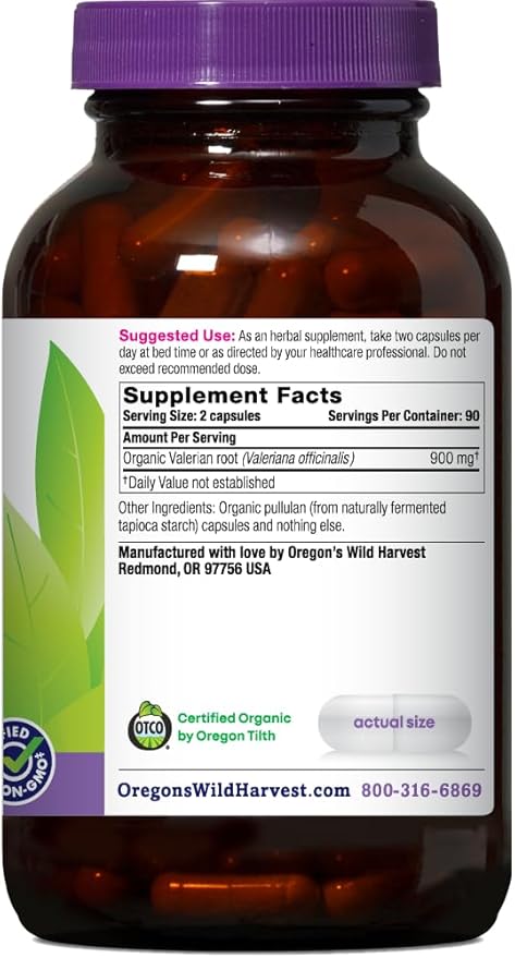 Oregon's Wild Harvest Non-GMO Organic Valerian Capsules Non Habit Forming Herbal Sleep Aid, Melatonin Free, 180Count