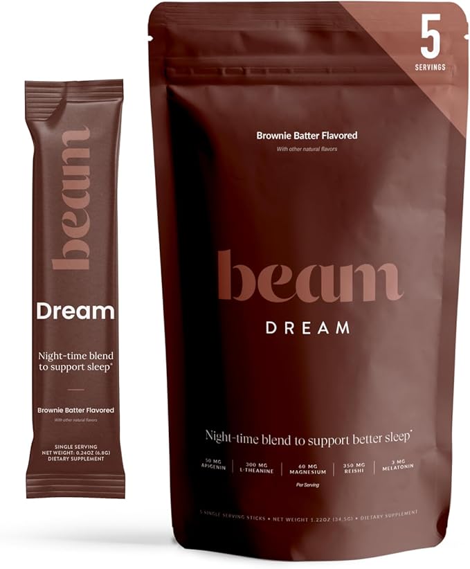Beam Dream Sleep Powder, Sleep Aid, Sleep Aids for Adults, Contains Magnesium, Melatonin, L Theanine, Apigenin, Natural Sleep Supplement, Vegan, Non GMO, 3rd Party Tested, 5 Servings, Brownie Batter