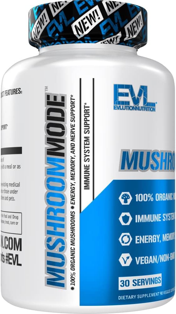 Evlution Vegan Organic Mushroom Supplement Capsules - Organic Lions Mane Mushroom Capsules with Cordyceps and Reishi Blend - Nootropics Brain Support Supplement for Focus and Energy - 30 Servings