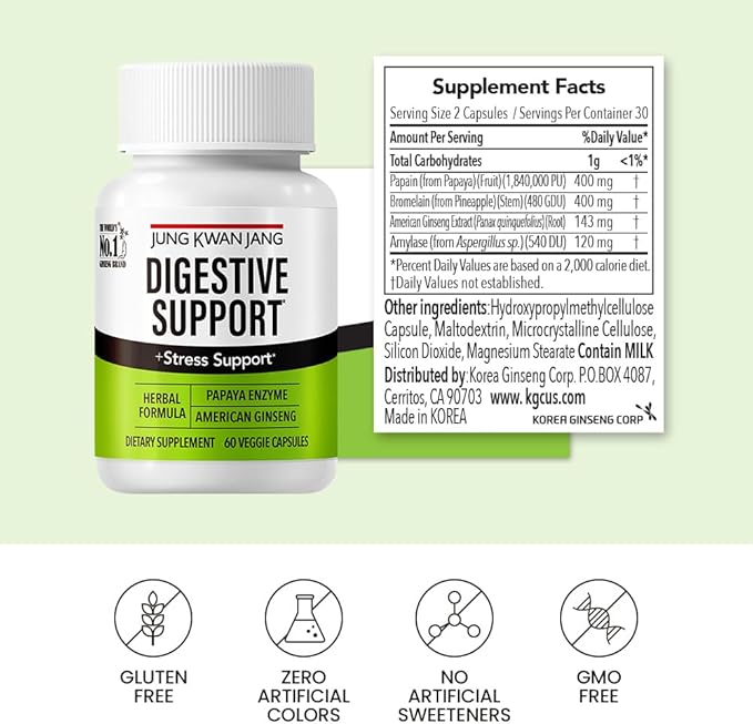 JungKwanJang Digestive Support, Papain 400mg, American Ginseng 143mg, Bromelain 400mg, for Digestive Advantage and Nutrient Absorption, 60 Capsules for Men and Women