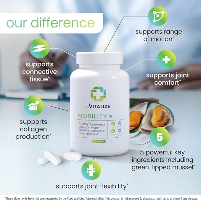 REVITALIZE Mobility + Advanced Joint & Connective Tissue Support Formula Inflammation, Joint Care & Relief, Heart & Immune Support, Perna Canaliculus, Glucosamine, MSM, DMG- 90 Tablets
