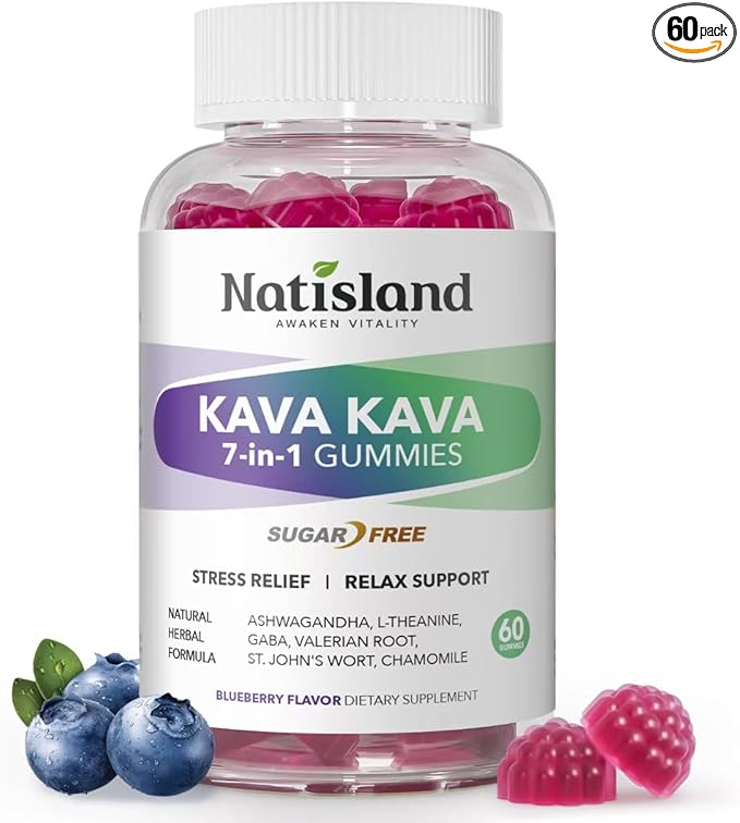 Chewable Kava Kava Gummies, Kava Kava Root Extract with Ashwagandha & L-Theanine, Kava Supplement for Women & Men, 7-in-1 Herbal Blend for Stress Relief & Relaxation, Sugar-Free, Vegan, 60 Ct