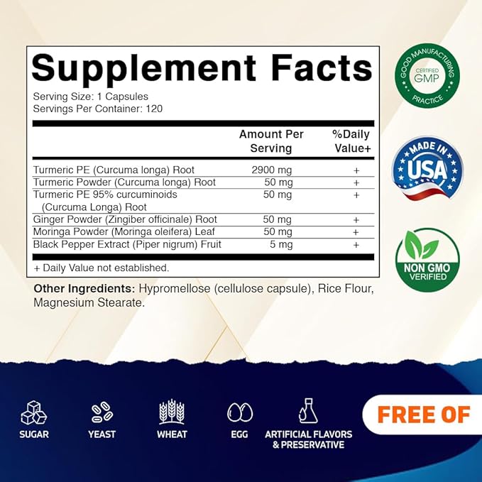 Vitamatic Turmeric Curcumin Supplement 3000 mg Equivalent Per Serving, Made with 95% Curcuminoids, Black Pepper, Ginger, Moringa, 120 Vegetable Capsules, Non-GMO, Gluten Free (120 Capsules)