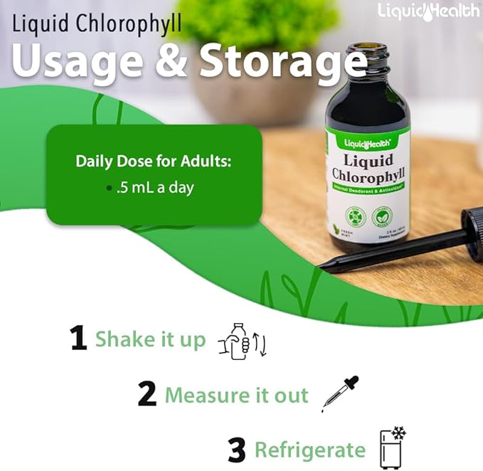 LIQUIDHEALTH Liquid Chlorophyll Drops - Internal Deodorizer, Antioxidants, Liver Detox, Immune Support, Relieve Bad Breath, Reduce Appetite, Collagen for Hair & Skin Health - Vegan, Non-GMO (3 Pack)