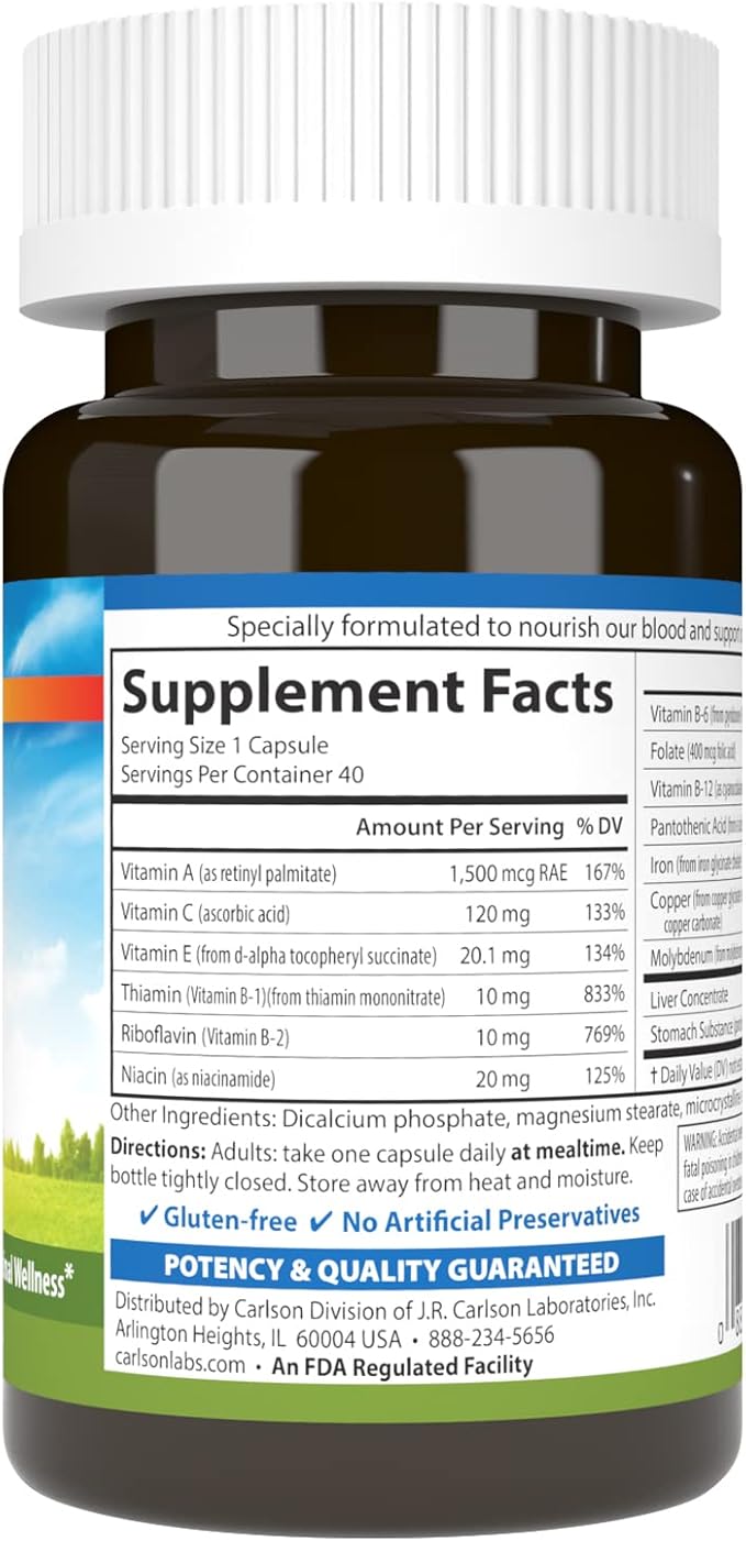 Carlson - Blood Nutrients, 28 mg Iron, Blood Development, Iron Absorption & Optimal Wellness, 40 Capsules