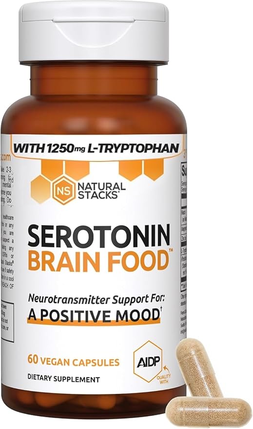 Serotonin Brain Food - 1250mg L-Tryptophan & 400mg Rhodiola Rosea Supplement - Mood Support Supplement for Stress Relief - Neurotransmitter Support with Magnesium Glycinate & Zinc - 120 Capsules