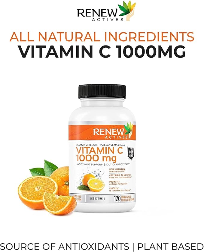 RENEW ACTIVES Maximum Strength Vitamin C 1000MG per Serving – Antioxidant & Immune Booster for Overall Health, Bones, Teeth & Gums – Non-GMO, Sugar-Free, 4-Month Supply – Made in Canada – 120 Capsules