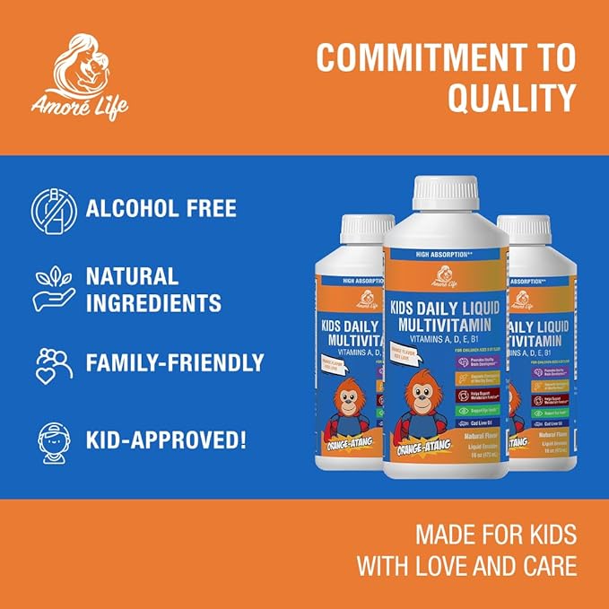 Daily Liquid Multivitamin for Kids, High Absorption with Vitamins A, D, E, B1 and Cod Liver Oil, Vitamin Supplements for Kids, Family Friendly, 16oz, Orange Flavor
