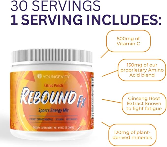 Youngevity Rebound Fx Citrus Powder, 360g – Supplement for Energy, Enriched with Vitamins, Minerals and Antioxidants – Immune System Booster Powder - Energy Vitamins Drink Mix for Women & Men (2 Pack)