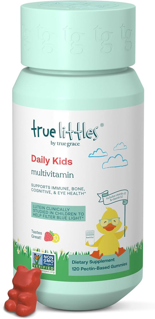 True Grace True Littles Daily Kids Multi - 120 Pectin Gummies - Immune, Cognitive, Bone & Eye Support - Clinically Studied Lutemax Kids Lutein & Vitamin D3 + K2 - Allergen Free & Vegan - 120 Servings