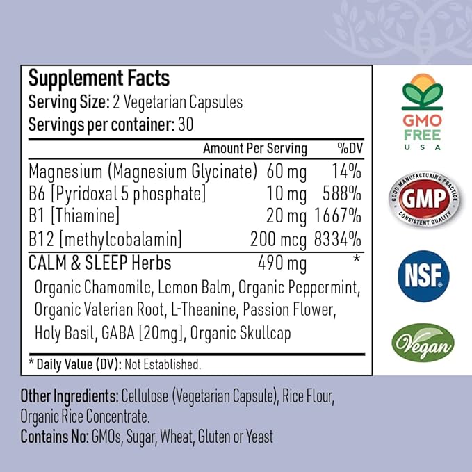 Zen Sleep | Non-Addictive Sleep Aid w/Adrenal Support. Contains Magnesium and Organic Herbs; Chamomile, Lemon Balm, Passion Flower, No melatonin