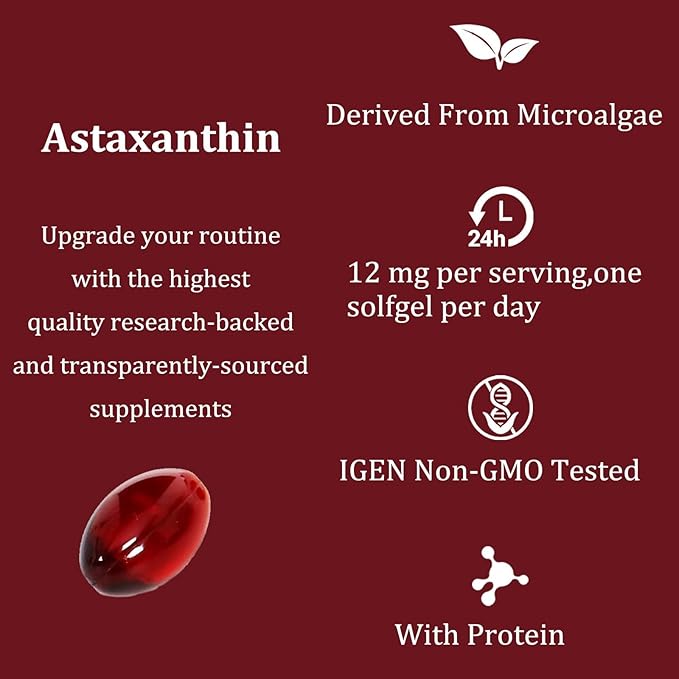 Astaxanthin 12mg, Organic Astaxanthin Antioxidant Supplements For Tanning, Skin, Eye, Joint Health, 120 Softgels