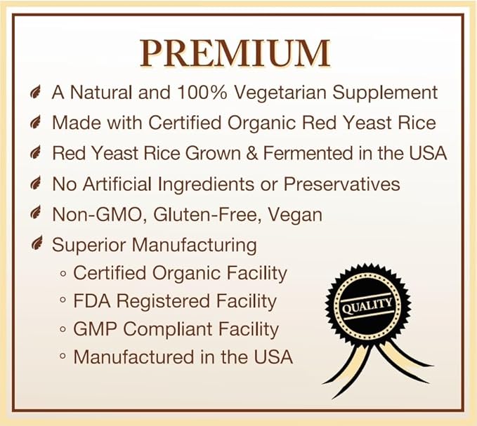 Certified Organic Red Yeast Rice Supplement - 120 Capsules, 2 Month Supply