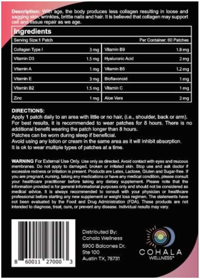 Collagen Patch (60 Day Supply) - Collagen Type 1, Hyaluronic Acid, Aloe Vera - 60 Patches