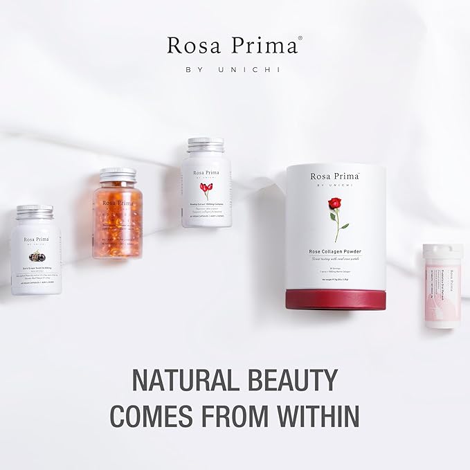 Unichi Rose Collagen Peptides Powder, Hydrolysed Marine Collagen Type I, III with Vitamins A, C, E in Rose Petal Powder for Hair, Nails and Skin Health, 0 Sugar, 0 Fat, Rose Petal Flavour, 30 Servings