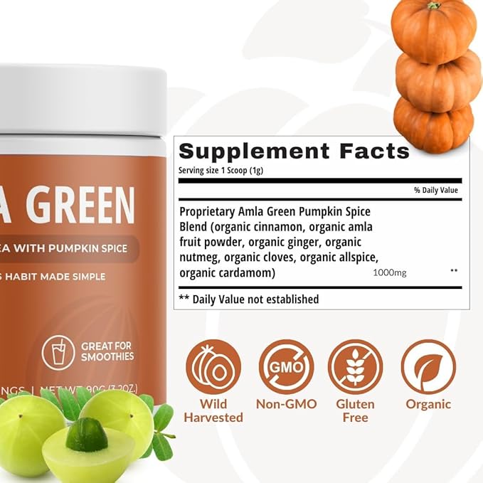 Amla Powder & Green Tea Superfood Supplement with Elderberry & Pumpkin Spice, Organic, Vegan, 30 Servings