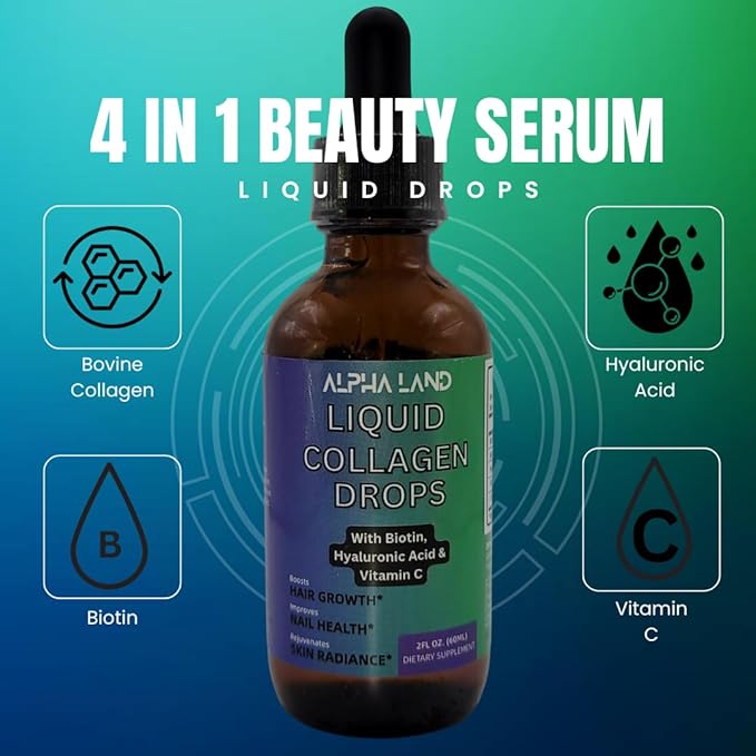 Liquid Collagen - Hyaluronic Acid, Biotin, Vitamin C -Skin Hydration, Hair Growth, Nail Strength - Anti-Aging Beauty Serum Supplement - Drop Form