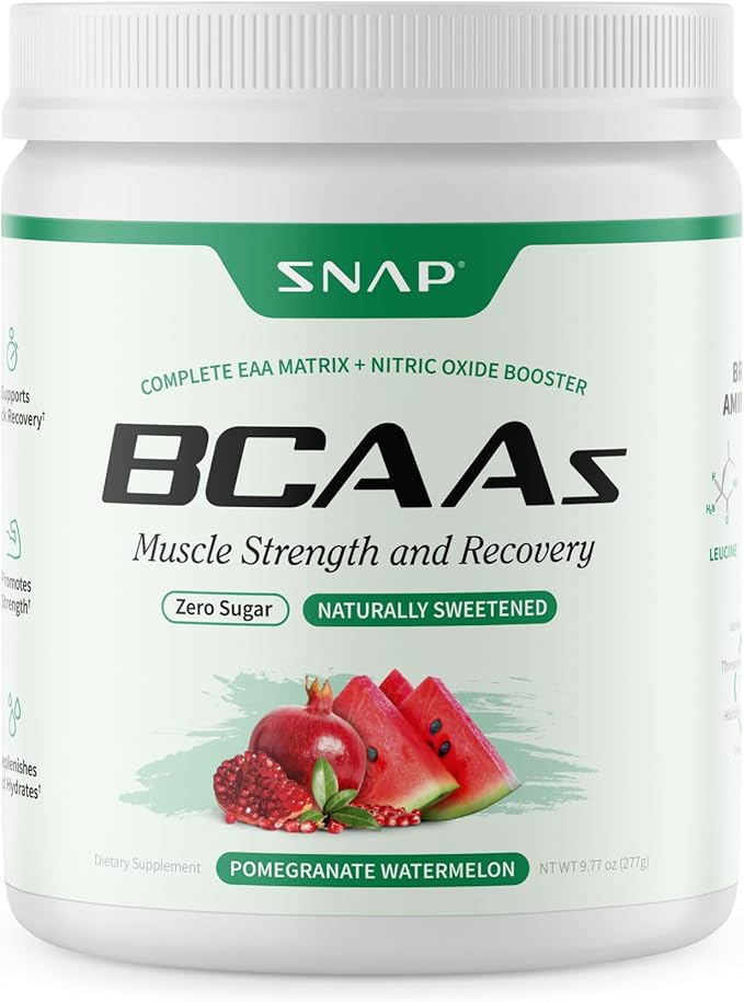 Snap BCAA Powder Essential Amino Energy Supplement with Nitric Oxide Booster - Watermelon Flavor - Pre Workout Powder, Recovery Supplements Post Workout, Muscle Strength & Performance (30 Servings)