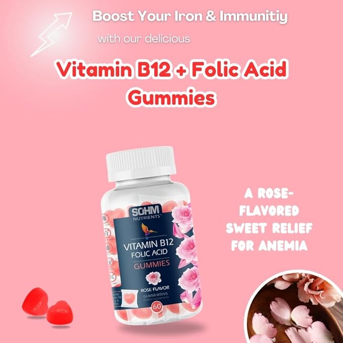 SOHM Folic Acid 300mcg -Vitamin B12 Gummies, 60 Count, Improve Red Blood Cells,Supports Healthy Immune Health, Essential Prenatal & Pregnancy Gummy for Women, Moms & Baby to Be - Folic Acid Gummies