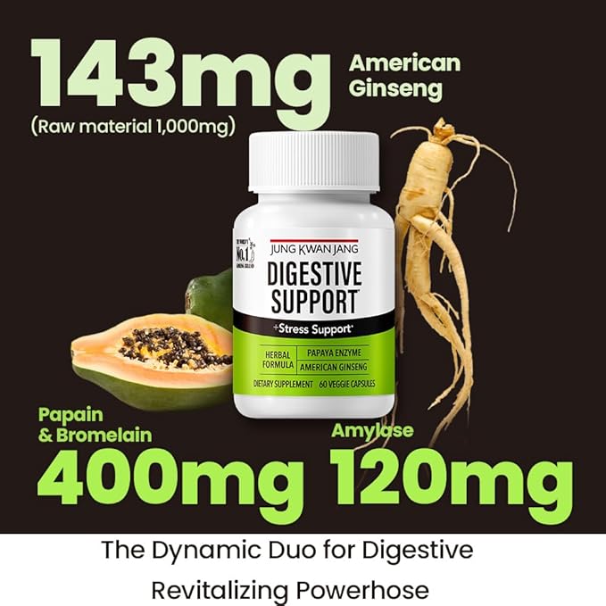 JungKwanJang Digestive Support, Papain 400mg, American Ginseng 143mg, Bromelain 400mg, for Digestive Advantage and Nutrient Absorption, 60 Capsules for Men and Women