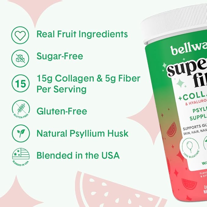 Bellway Super Fiber Powder + Collagen, Watermelon Shaker Bottle Bundle