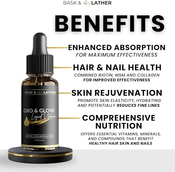BASK & LATHER GRO & Glow Liquid Vitamin, Liquid Collagen for Women, Natural Ingredients with Collagen, Biotin, Msm, Beauty Supplement, Helps Support Healthy Hair, Skin & Nails, Cherry Flavor, 2 FL Oz