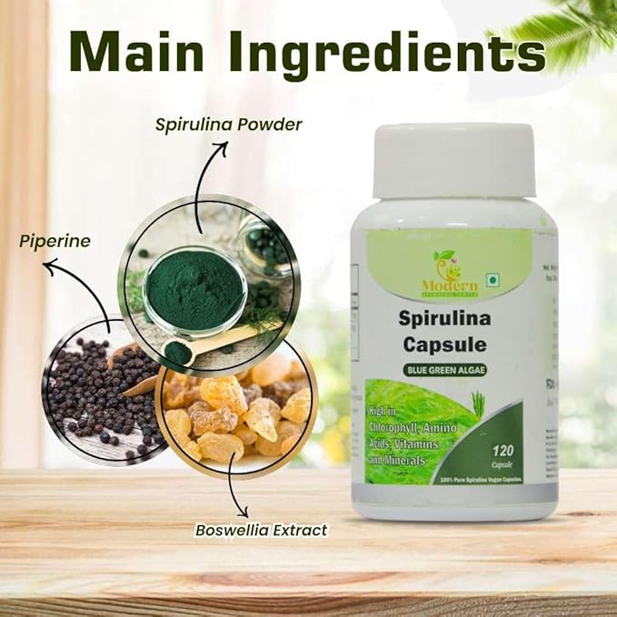 Spirulina Capsules 120 Veggie Capsule Blue Green Algae Supplement 450mg with Piperine for Enhanced Absorption Rich in Chlorophyll, Amino Acids, Vitamins & Minerals