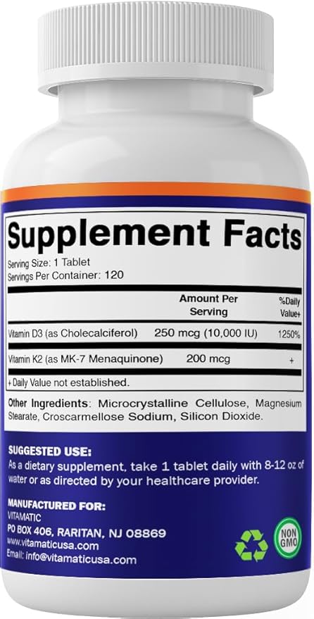 Vitamatic Vitamin D3 K2 Supplements with 10,000 IU Vitamin D + 200mcg Vitamin K MK-7, 120 Tablets Bone, Heart, Immune, & Calcium Support