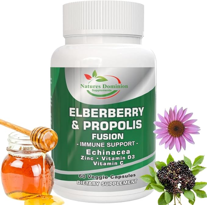 Propolis Extract Organic Elderberry with Echinacea, Vitamin D3, Vitamin C and Zinc. Elderberry Immune Support Supplement with Bee Propolis. Daily Immune Booster. Propolis and Elderberry Fusion