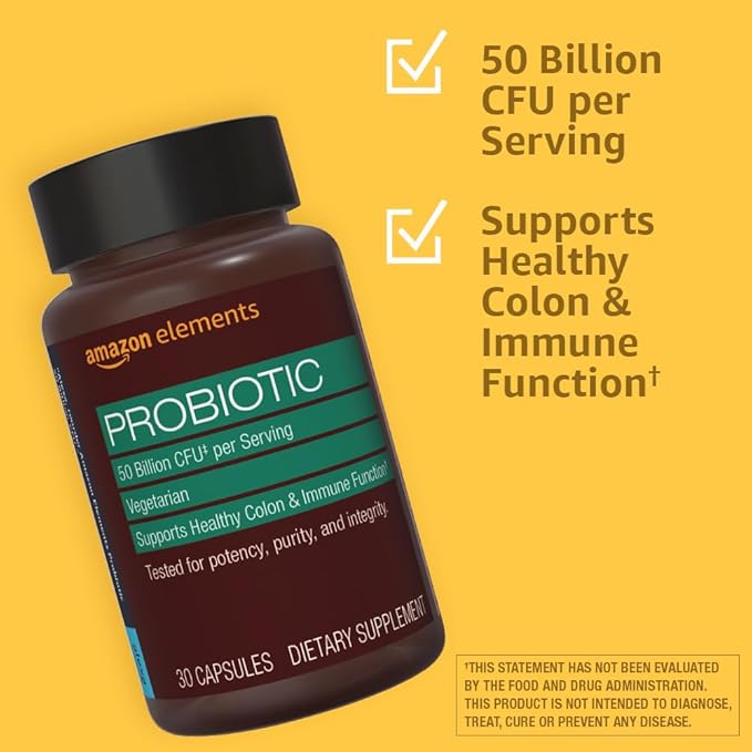 Amazon Elements One Daily Adult Probiotic Blend, Supports Healthy Colon and Immune Function, 50 Billion CFU (2 Strains), 30 Capsules, 1 Month Supply (Packaging May Vary) (Pack of 2)