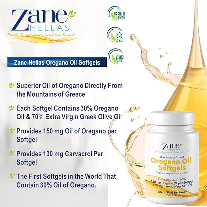 130 mg Carvacrol - 150 mg Oregano Oil per Softgel. World Highest Concentration Oregano Oil Capsule. Zane Hellas Oregano Oil. Softgel Contains 30% Greek Essential Oil of Oregano. 60 Softgels.