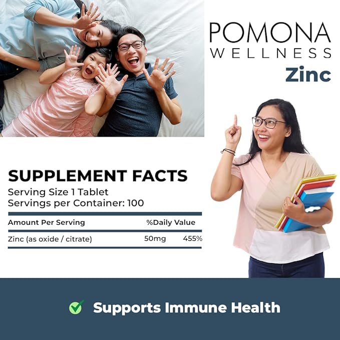 Pomona Wellness Zinc Supplements for Adults, 50mg, Skin Health and Immune Support, Easy to Swallow, for Antioxidant and Overall Health, Vegan, Non-GMO, 100 Tablets (Pack of 2)