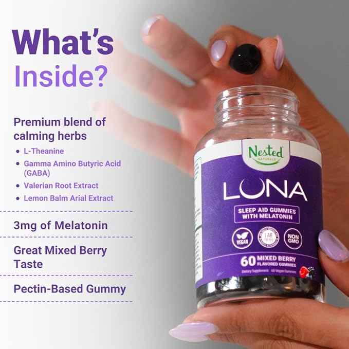 Nested Naturals Luna Sleep Gummies - Non-Habit Forming Melatonin Gummies 3mg with L-Theanine, Valerian Root, GABA, and Lemon Balm - Sleep Gummies for Adults - Mixed Berry, 60 Vegan Gummies