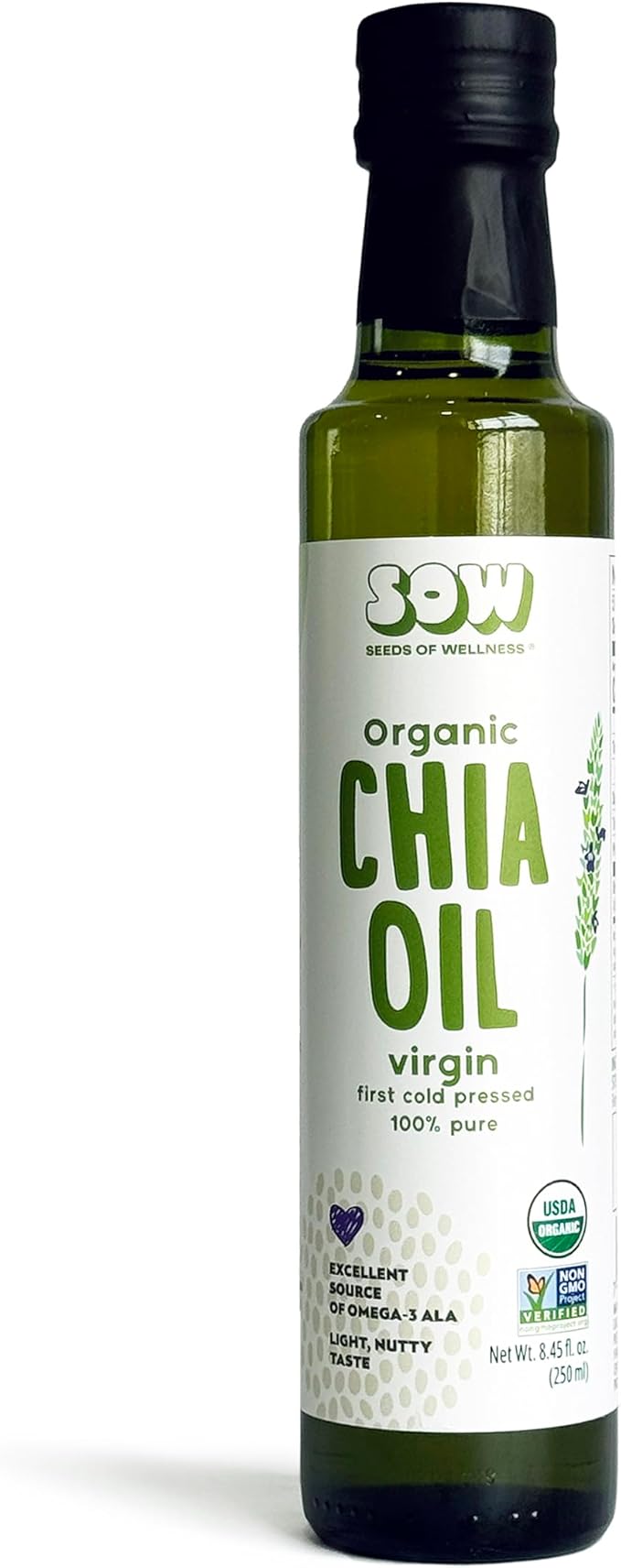 Seeds of Wellness - Organic Chia Seed Oil, Essential Bio Nutrients, Fatty Acids Omega-3 ALA Plant-Based, Cold-Pressed, Unrefined, Non GMO, 8.45 Fl Oz (250 ml) Glass Bottle, Pack of 1, Chile