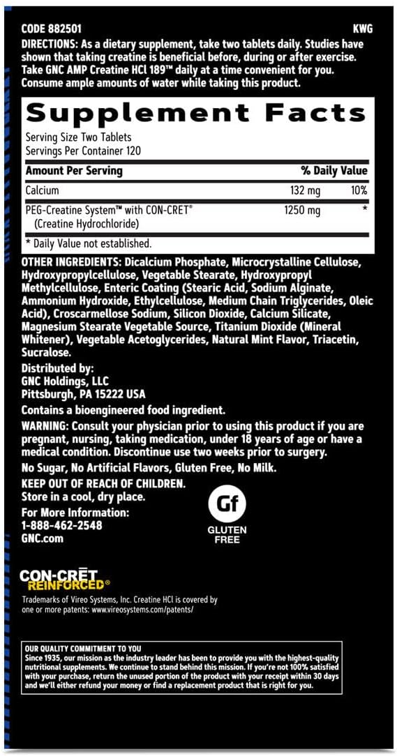 GNC AMP Creatine HCl 189 Pills, Clinically Proven Strength & Muscle Builder, Athletic Performance, Energy Production, Recovery Supplement, Fast Absorbing, Gluten Free Formula, 120 Servings