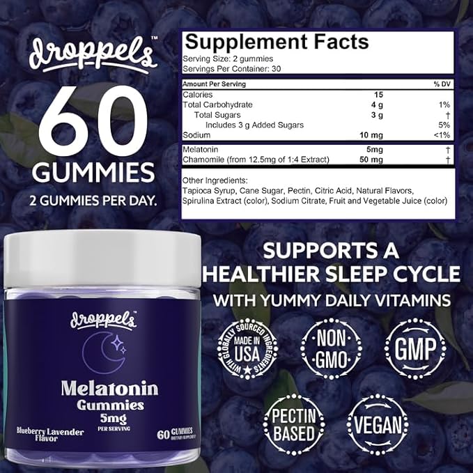 Droppels Melatonin Gummies, 5mg – Plant-Based, Vegan Melatonin 5mg for Natural Sleep Support with Chamomile Extract, 60 Count, Blueberry Flavor (1-Month Supply)